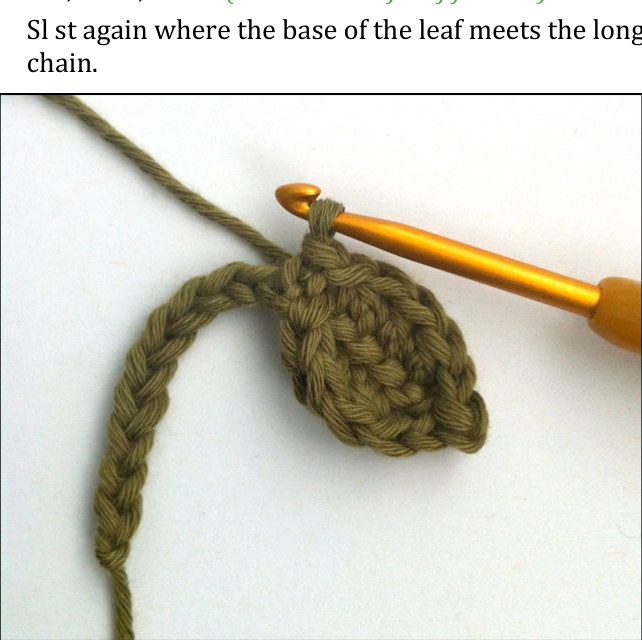 Larger crochet leaf with a pointed tip on the garland