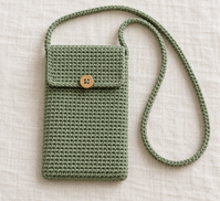 Illustration of a sage crochet phone pouch with a button flap and long strap