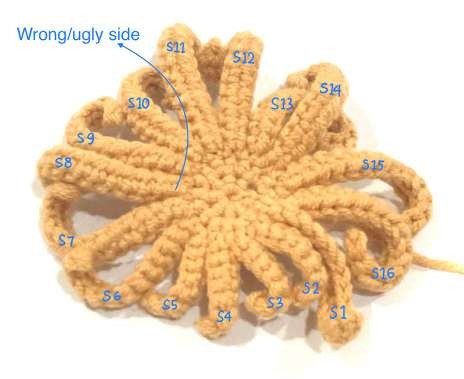 Crochet hair cap with sixteen labeled strands on its reverse side