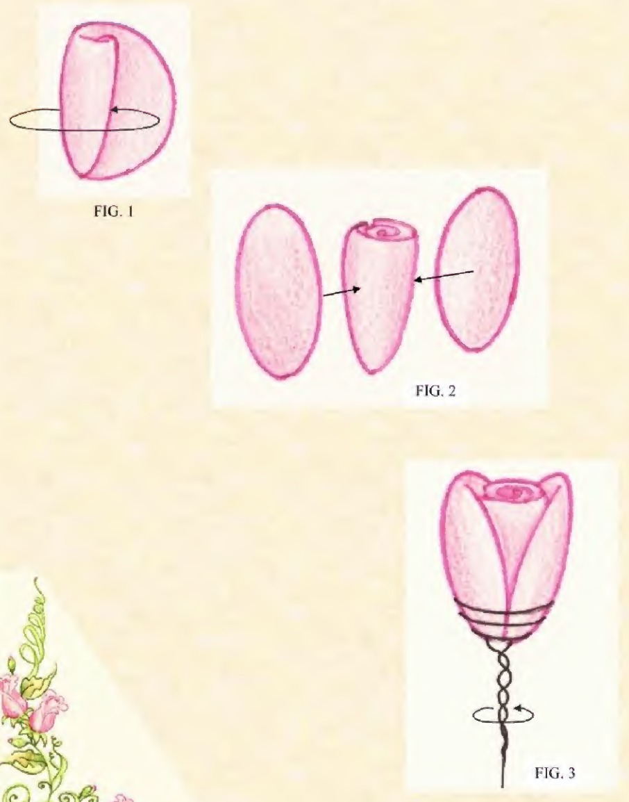 Source assembly drawings for rolling and enclosing a three-petal rosebud