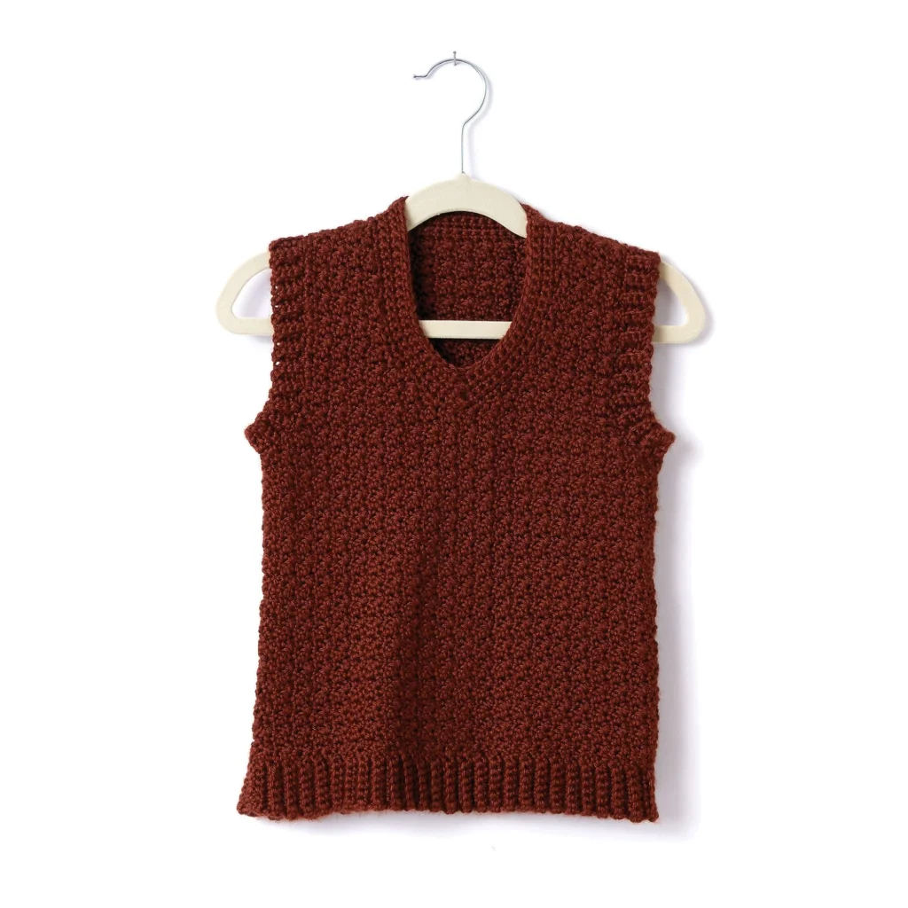 Crochet V-Neck Vest Pattern for Adults displayed on a mannequin.