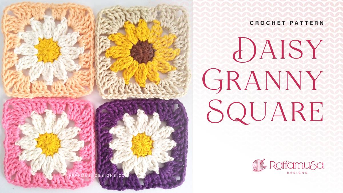 Classic Daisy Granny Square crochet design by RaffamusaDesigns