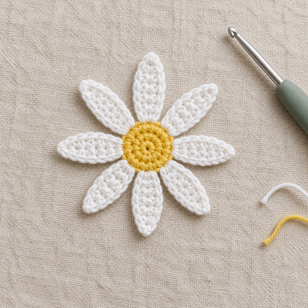 Illustrative eight-petal white crochet daisy with a yellow center