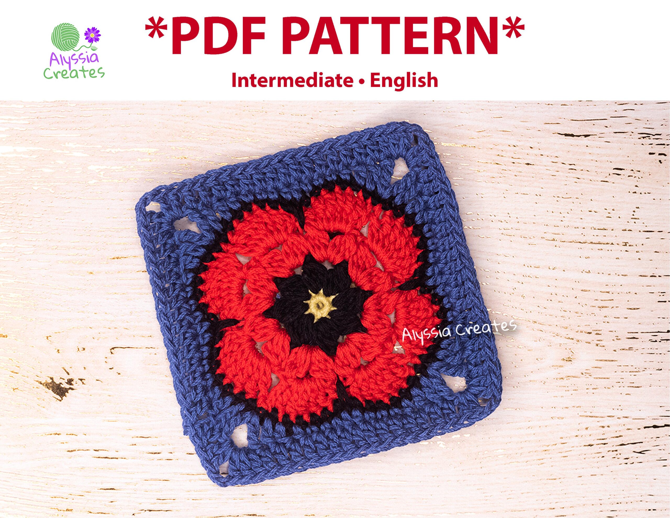 Poppy Flower Granny Square crochet design by Alyssia Creates