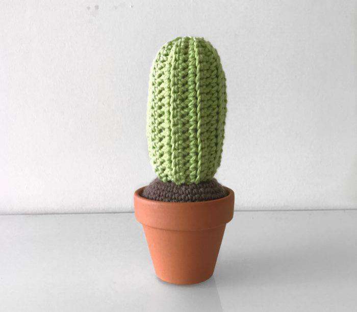 Tall ribbed crochet cactus in a small terracotta pot