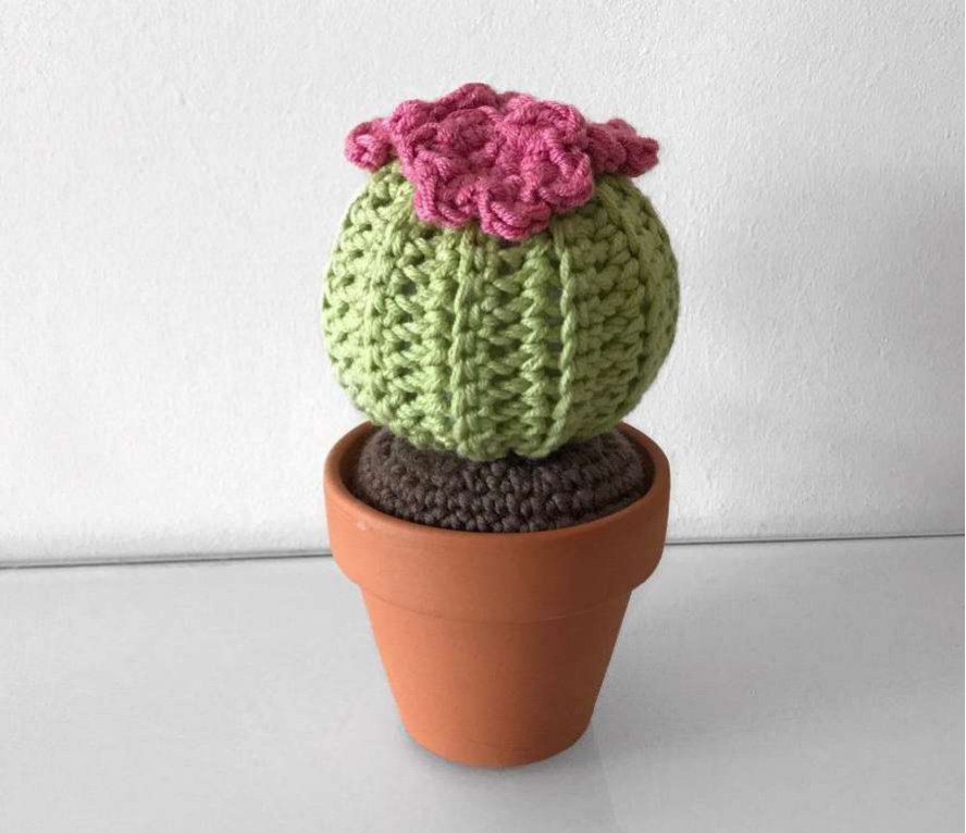 Round barrel crochet cactus with small decorative flowers