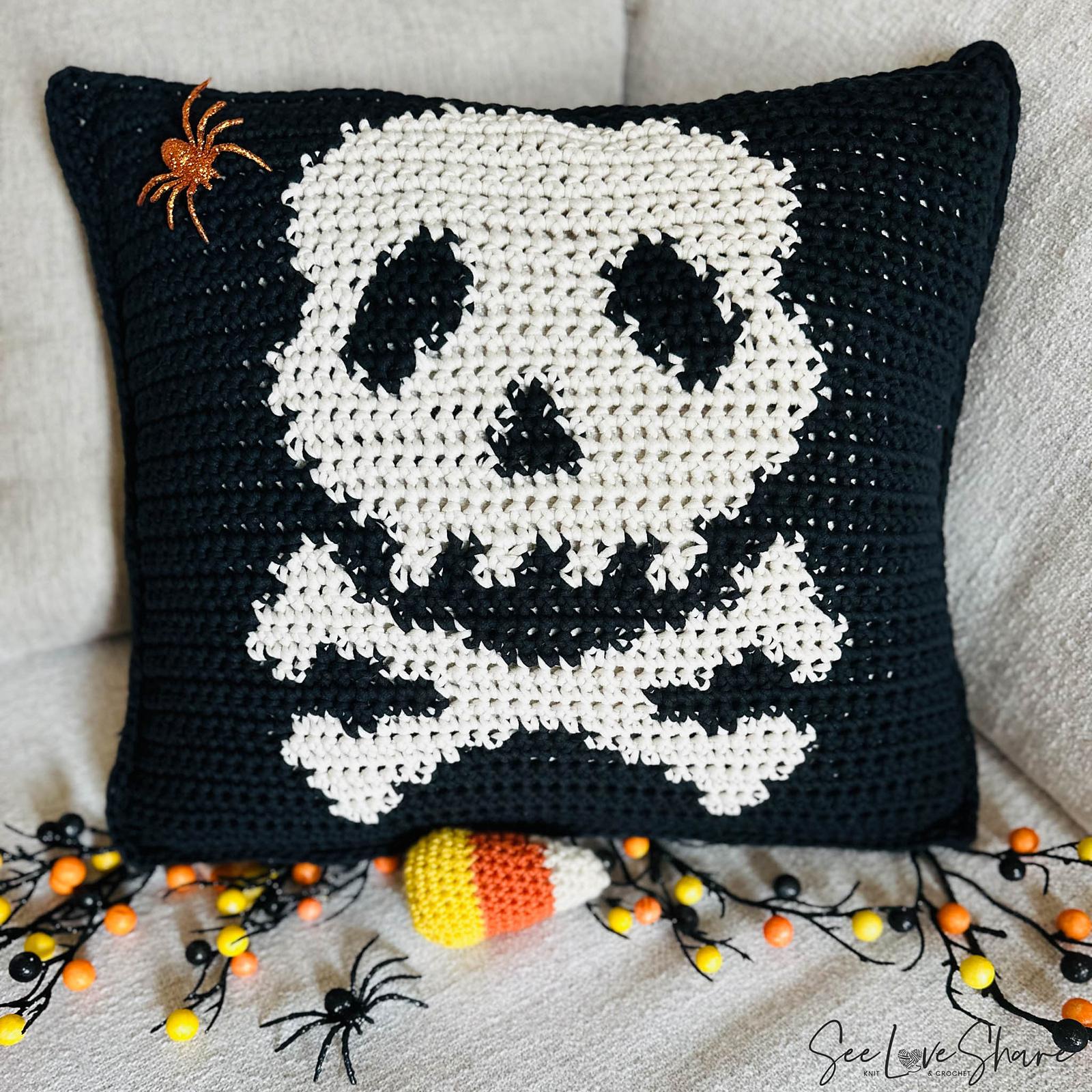Halloween Skull Pillow crochet design by SeeLoveShare
