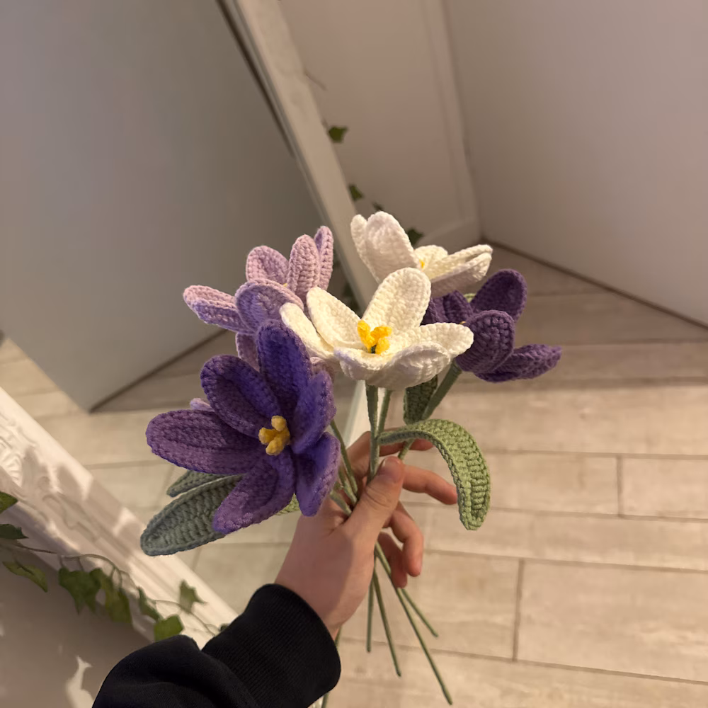Purple and cream crochet flower bouquet