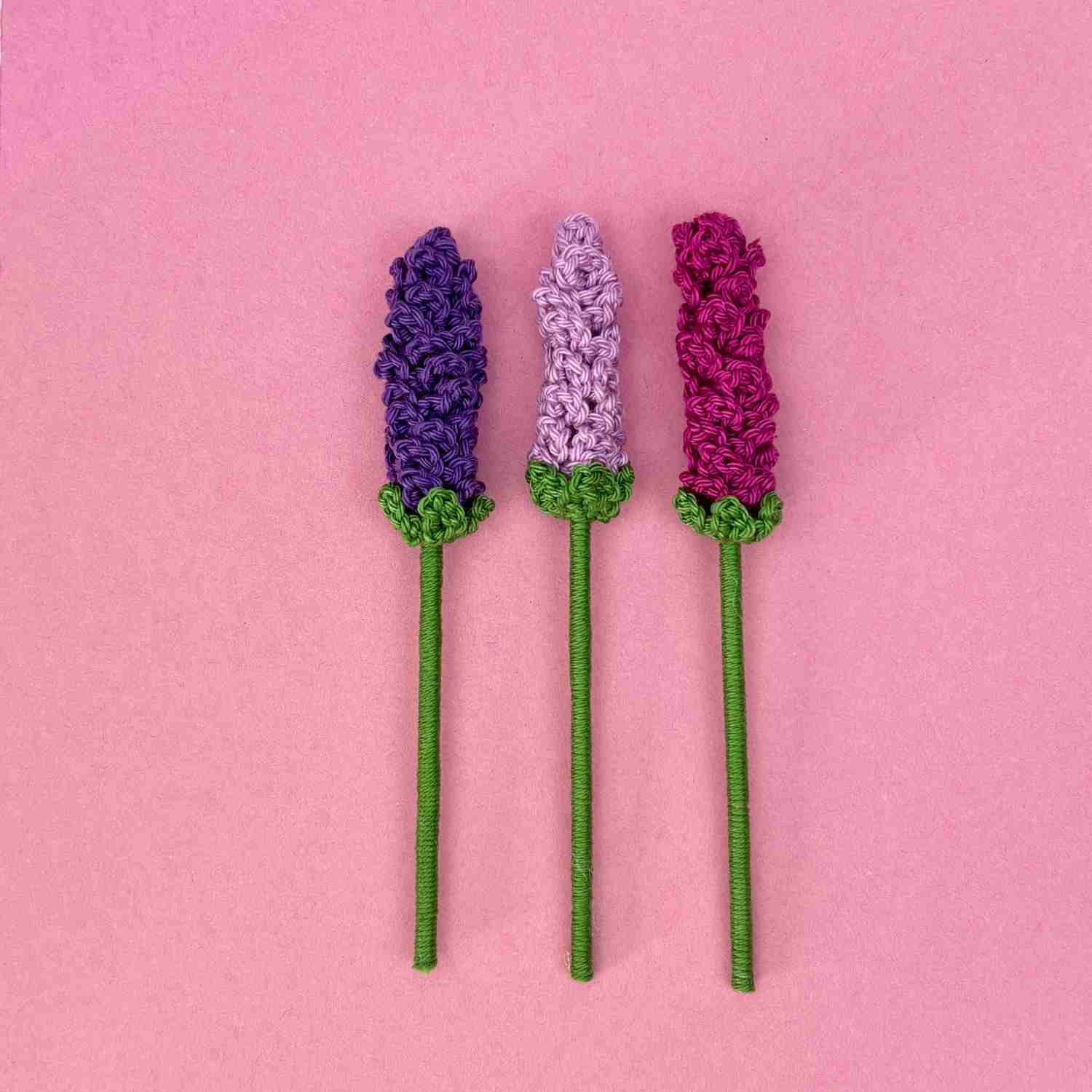 Three purple crochet lavender stems by Lynne Rowe of Knit Crochet Create