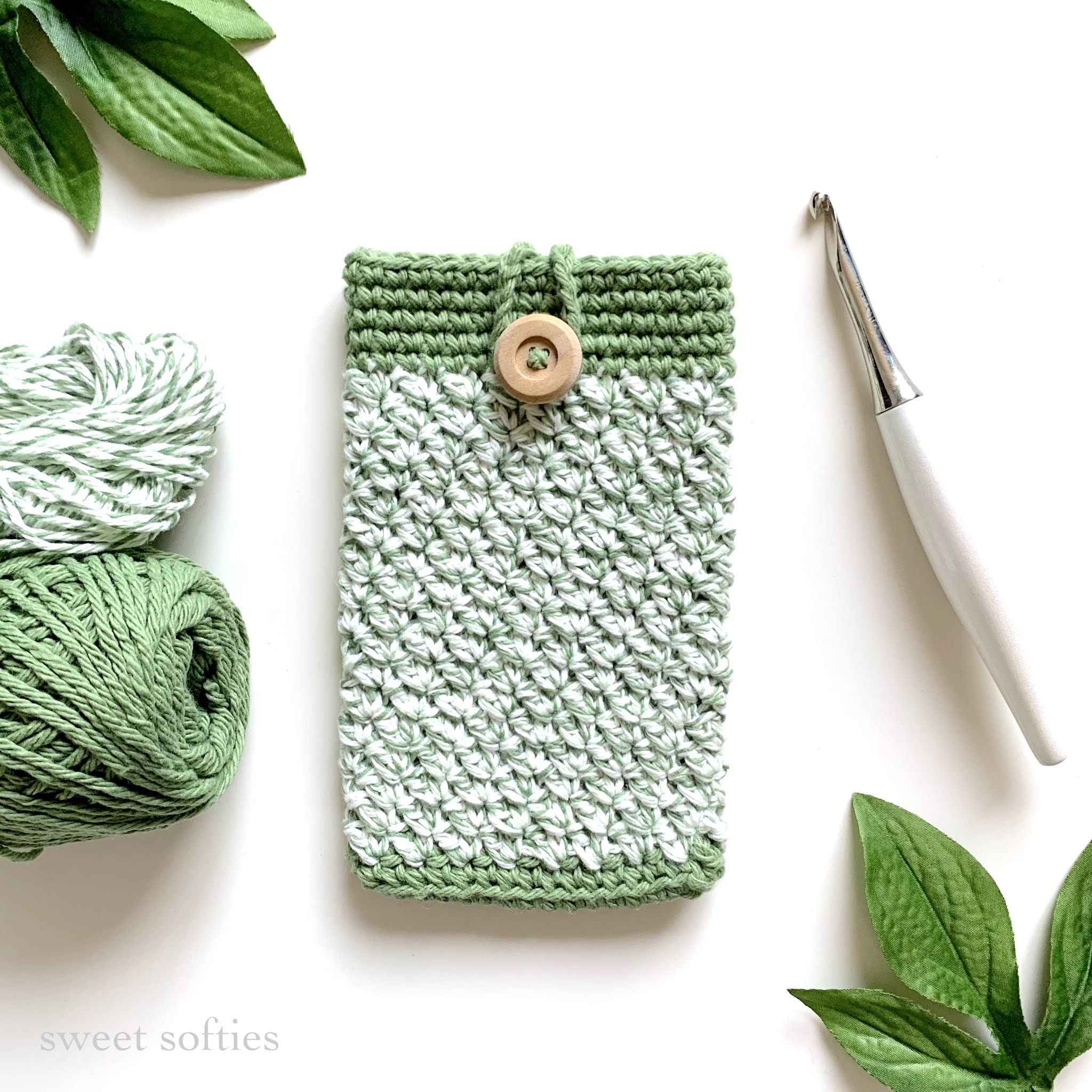Sage Phone Pouch crochet design by Sweet Softies