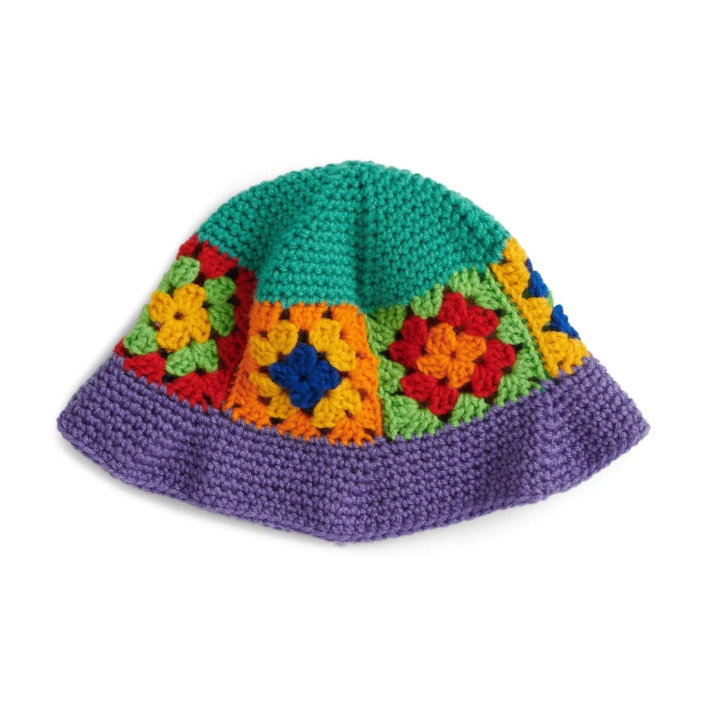 Handmade rainbow crochet granny bucket hat pattern