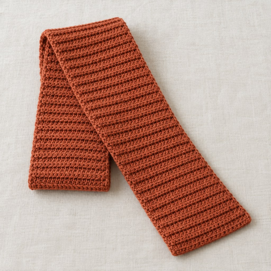 Illustration of a terracotta crochet scarf