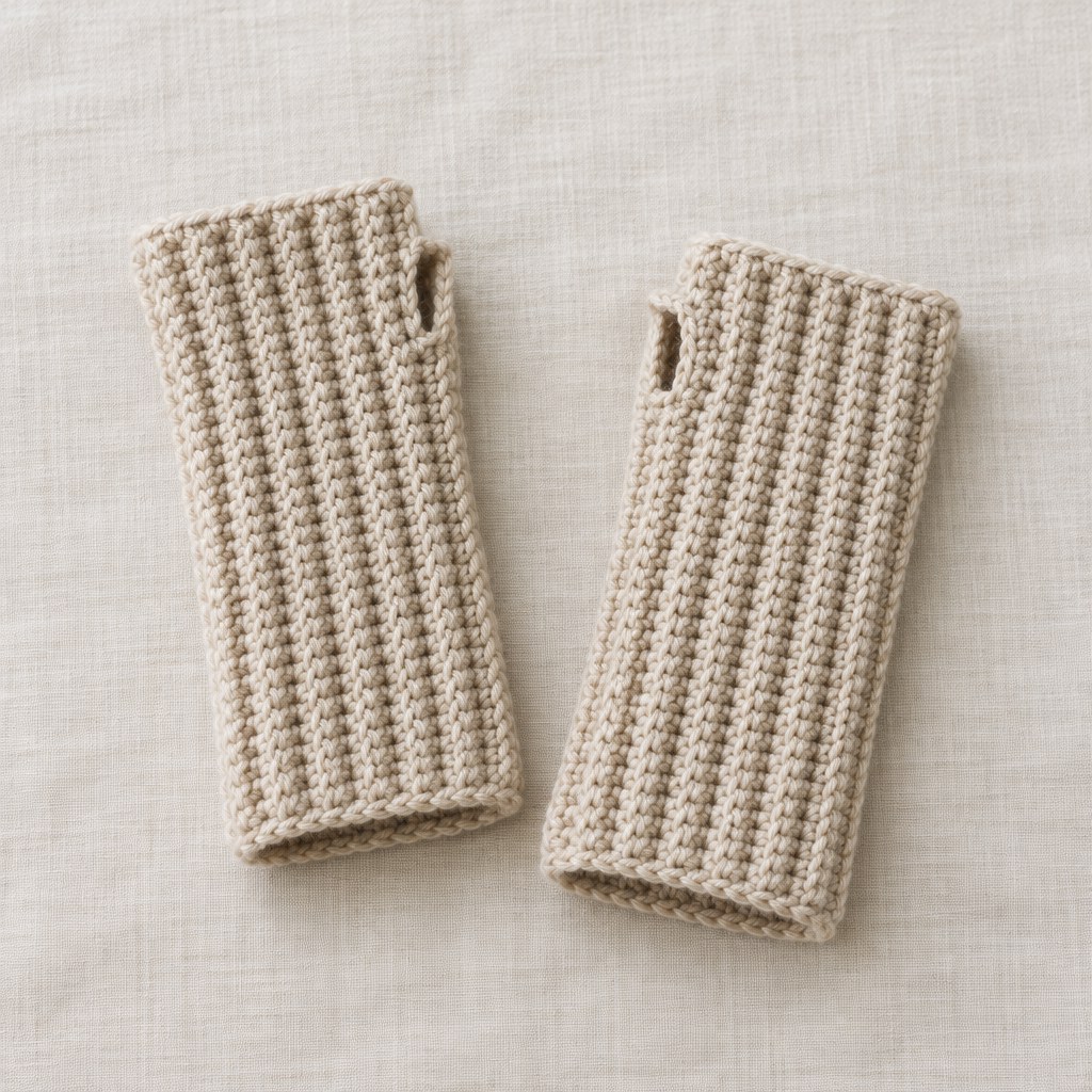 Illustration of a pair of simple oatmeal ribbed crochet fingerless mitts