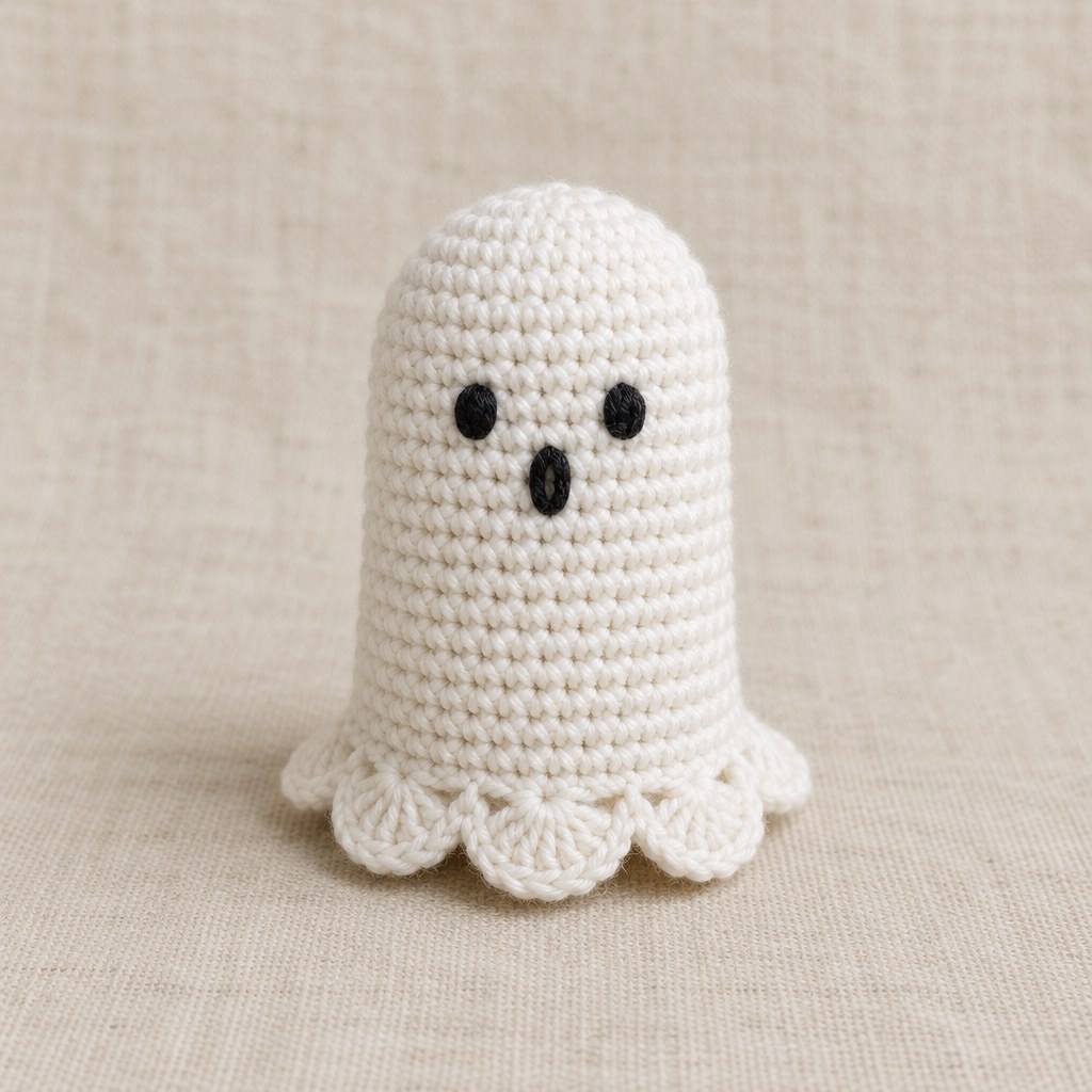 Illustration of one tiny white cotton amigurumi ghost