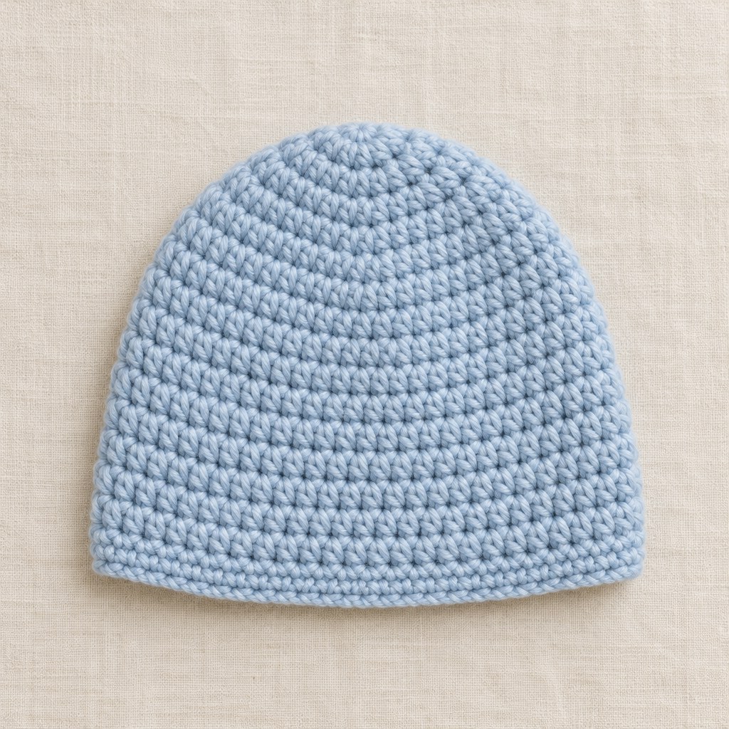 Illustration of one plain pale dusty-blue small baby crochet beanie