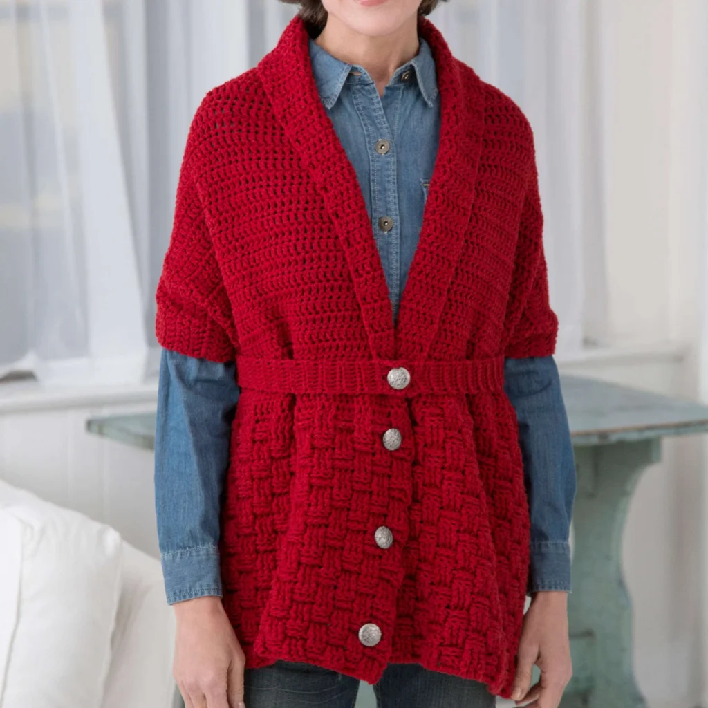 Vintage crochet sweater pattern by Cares featuring intricate designs and cozy fit.